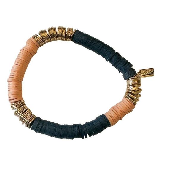 Canvas blue gold  tone and peach stretchy clay  disc bracelet - Picture 1 of 9